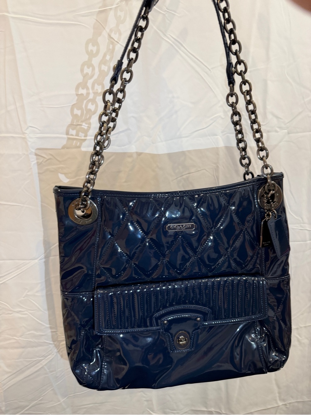 COACH Navy Patent Quilted Chain-Handle Shoulder Bag